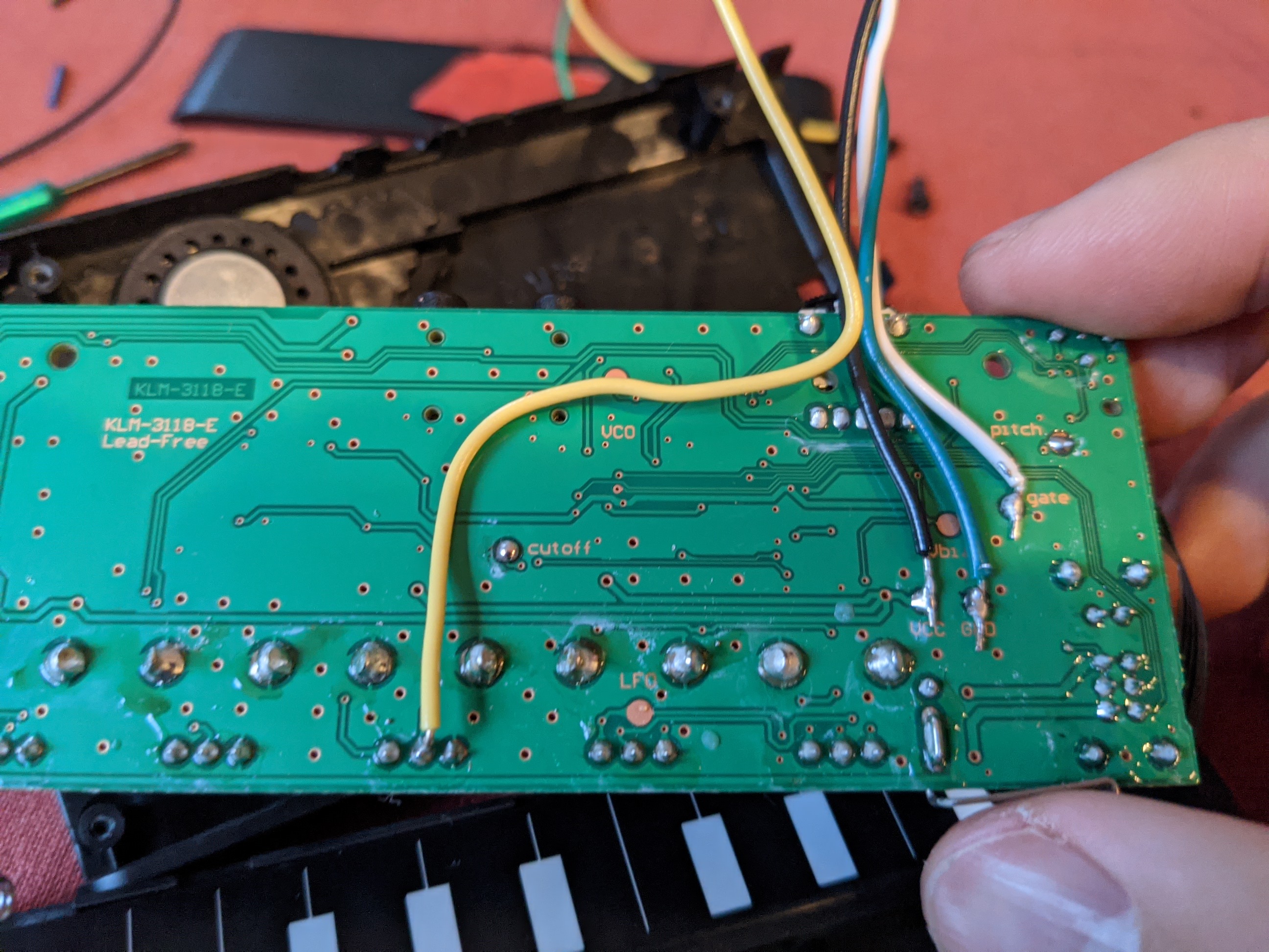 Back of Korg Monotron, with connections circled